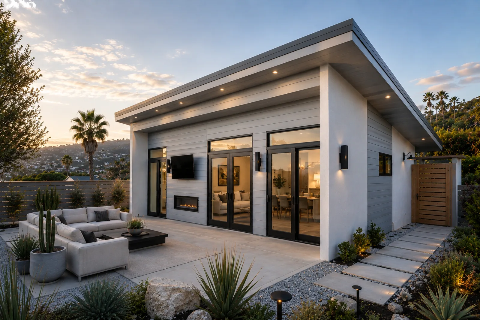 Concept rendering of a finished SIP ADU with a mono-pitch roof, folding glass doors and an outdoor fireplace, set in a drought-tolerant garden above a California hillside at sunset