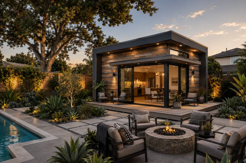 Concept rendering of a single-story ADU clad in reclaimed wood with black steel window frames, opening onto a paver patio and fire pit at golden hour