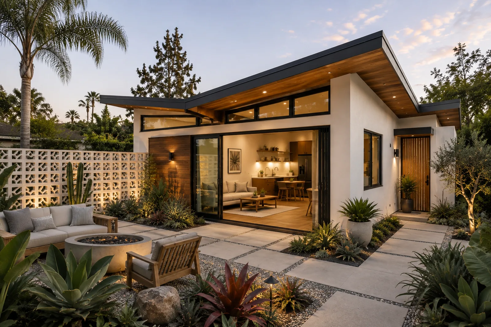 Concept rendering of a white stucco ADU with a folding glass wall opening to a patio and fire pit at twilight
