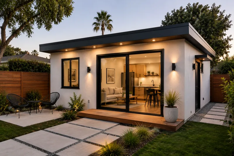 Concept rendering of a compact white stucco studio ADU with a wood deck entry and paver walkway in a fenced backyard at dusk