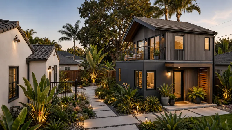 Concept rendering of a two-story ADU with vertical siding and an upper balcony deck, set behind a Spanish-style main house in a tropical courtyard garden