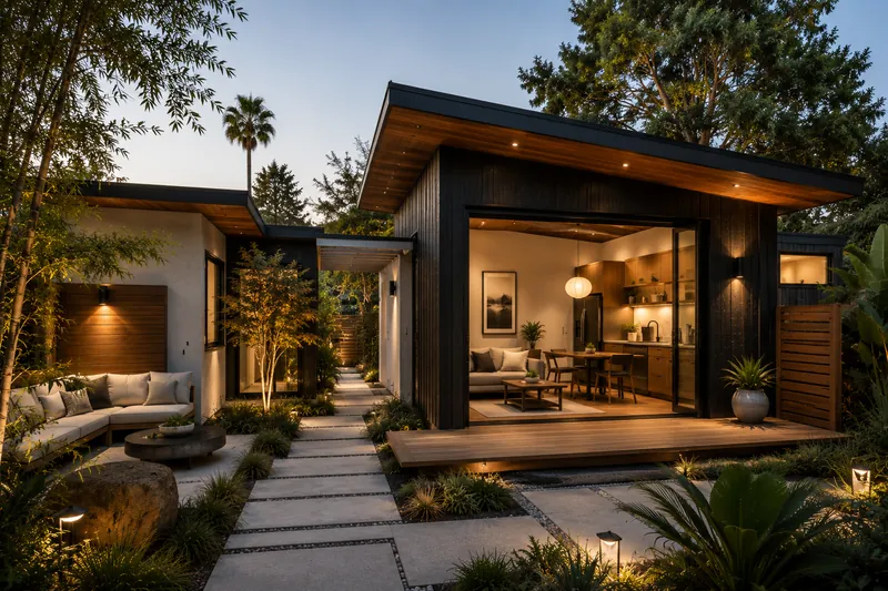 Concept rendering of a dark charred-timber ADU guesthouse with a wood soffit and a landscaped courtyard walkway at dusk
