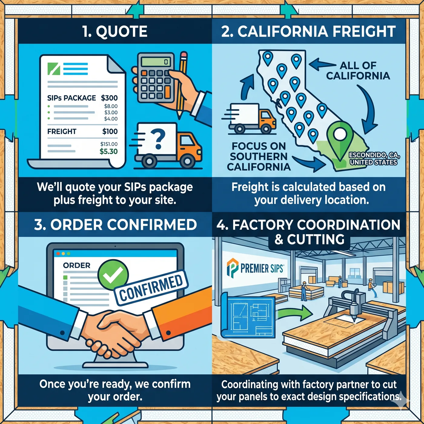 Four-step kit ordering infographic: quote your SIPs package plus freight, freight calculated by delivery location in California, order confirmed, factory coordination and panel cutting with Premier SIPS