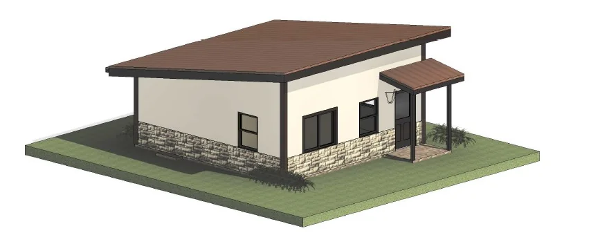 Catalina one-bedroom ADU rendering: shed-roof design with stone wainscot and covered entry
