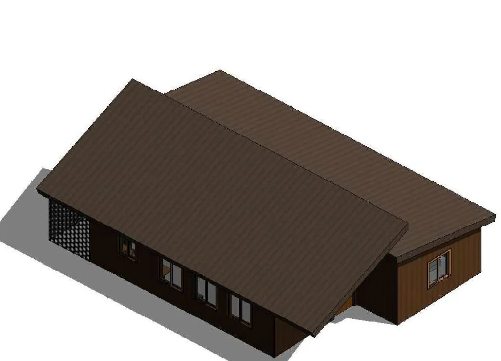 Rancho three-bedroom ADU rendering: gable design with wraparound porch roof