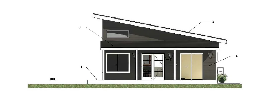 Sante Fe two-bedroom ADU rendering: modern clerestory shed-roof elevation with covered porch