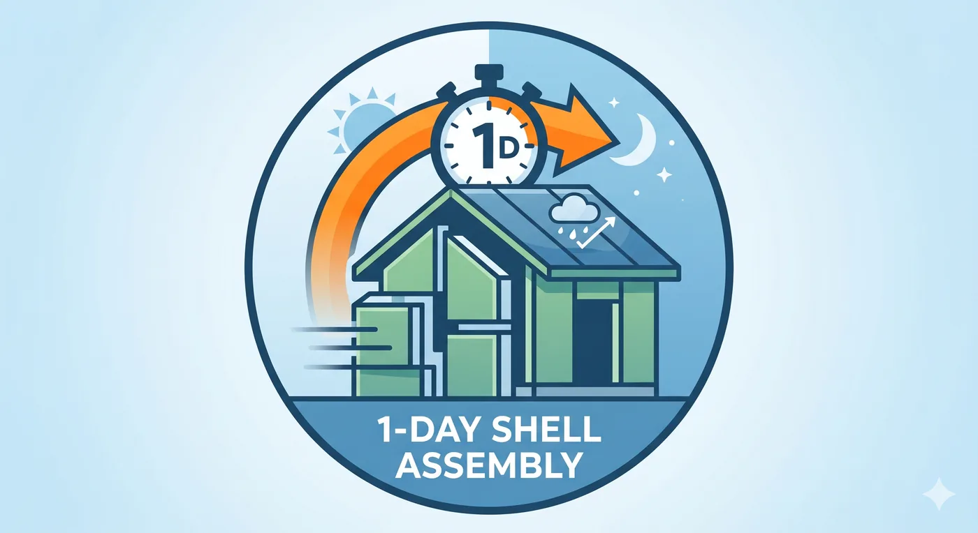 1-day shell assembly badge: a SIP ADU shell goes from panels to weather-tight in a single day