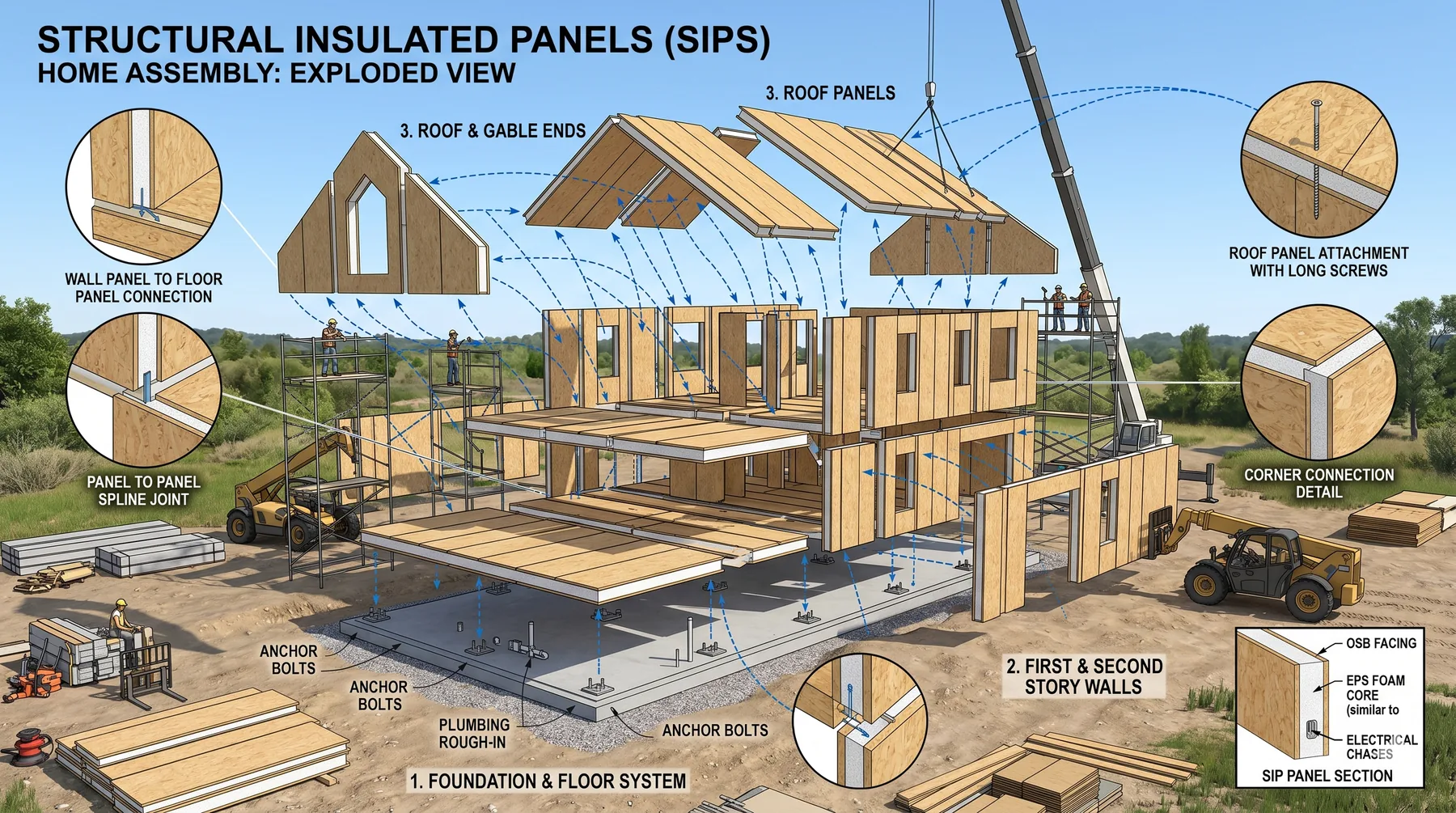 Exploded-view diagram of a SIP home assembly: foundation and floor system, first and second story wall panels, roof and gable panels flown in by crane, with spline joint and corner connection details