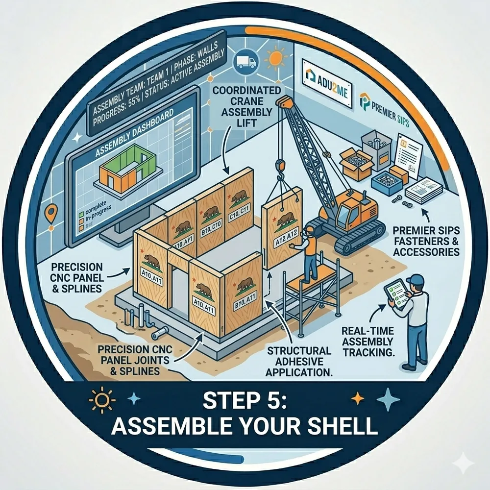 Step: assemble your shell — numbered panels crane-set with precision joints and splines