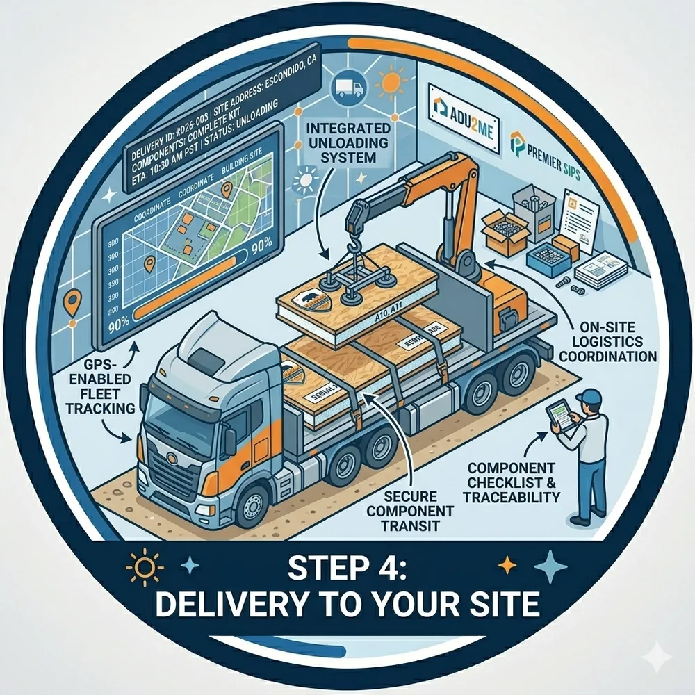 Step: delivery to your site — tracked freight with component checklist and traceability