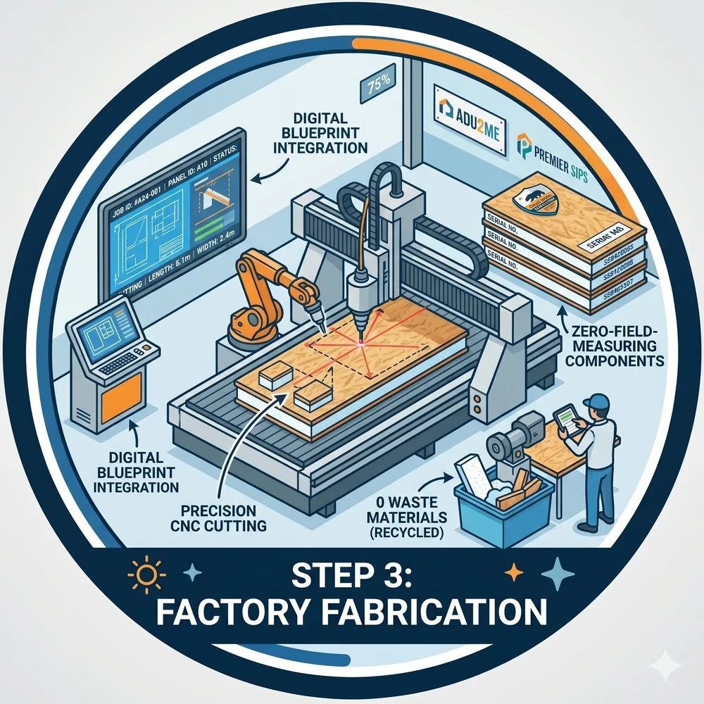 Step: factory fabrication — panels CNC-cut to your plan with digital blueprint integration and zero field measuring
