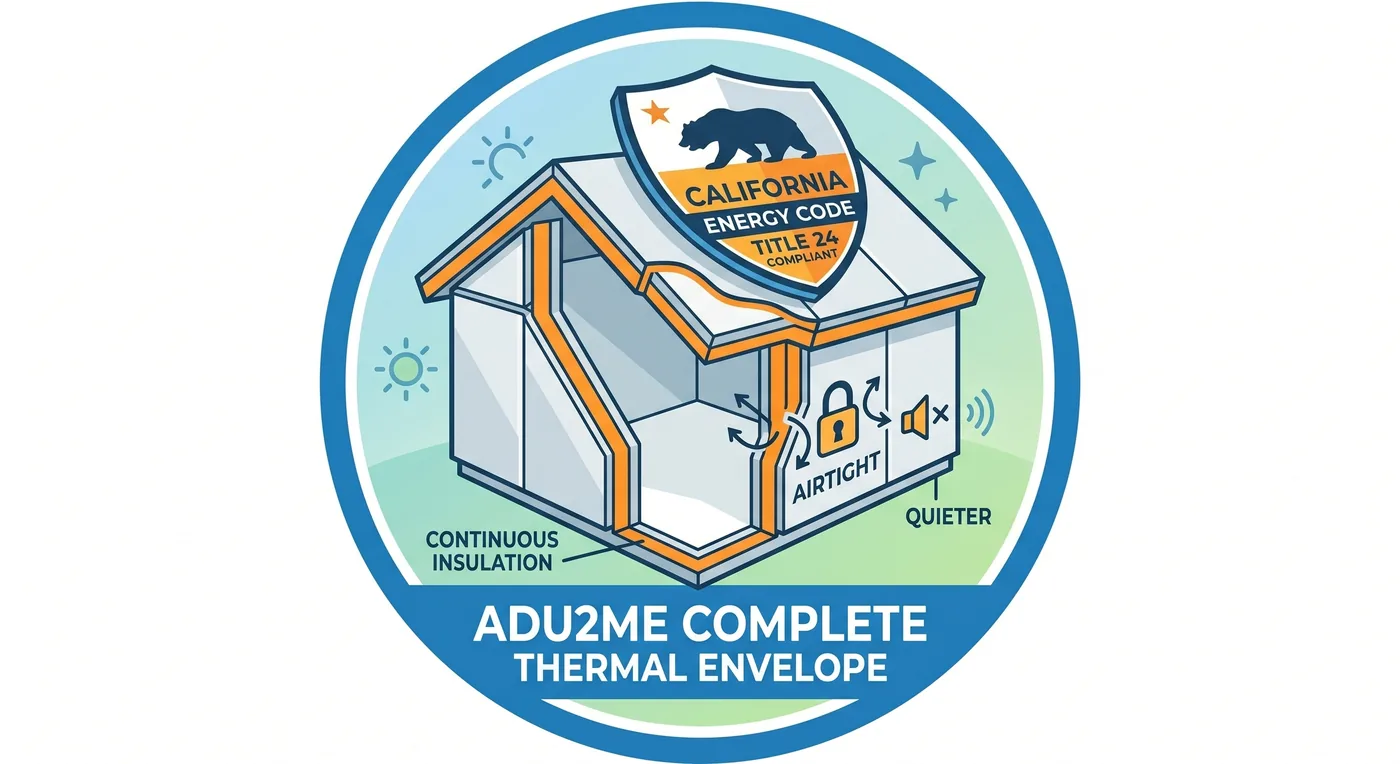 ADU2Me complete thermal envelope badge: continuous insulation, airtight, quieter, California Energy Code Title 24 compliant